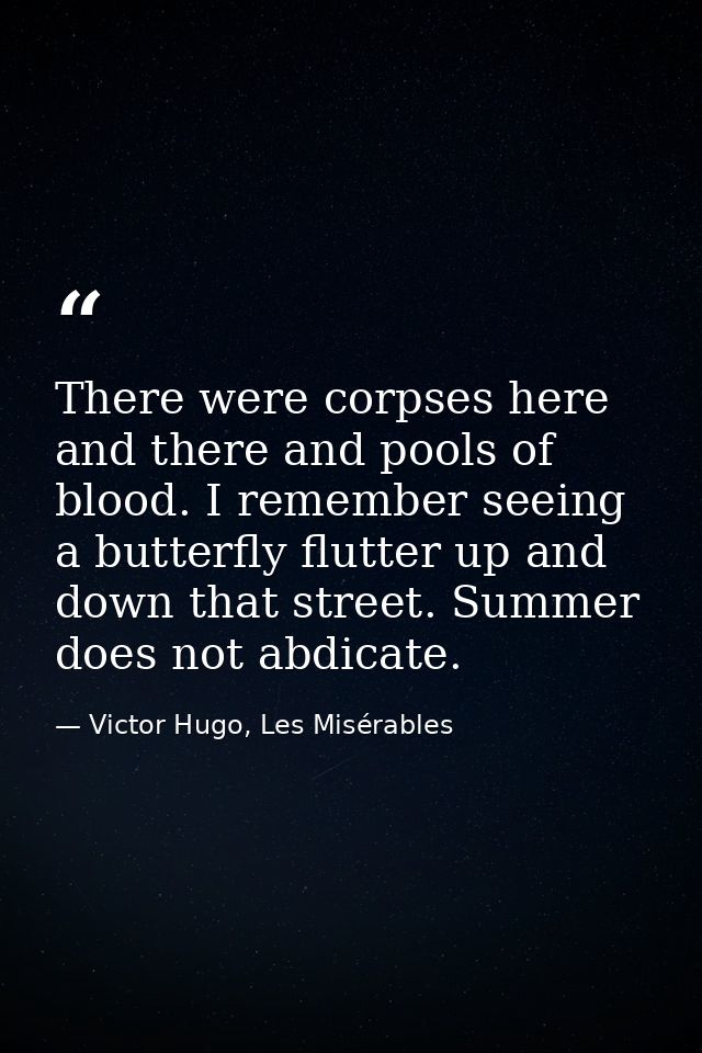 There were corpses here and there and pools of blood. I remember seeing a butterfly flutter up and down that street. Sum — Victor Hugo, Les Misérables