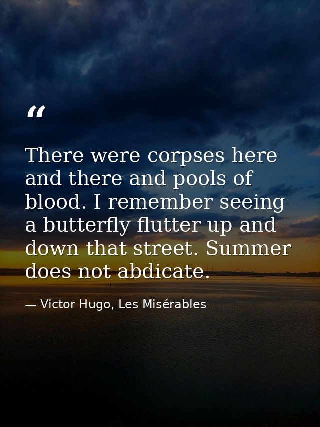There were corpses here and there and pools of blood. I remember seeing a butterfly flutter up and down that street. Sum — Victor Hugo, Les Misérables