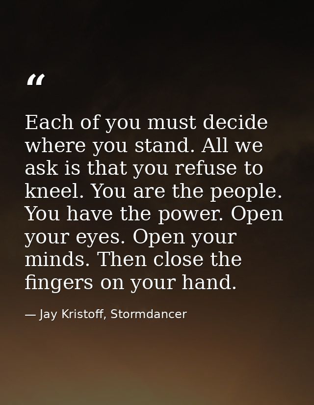 Each of you must decide where you stand. All we ask is that you refuse to kneel. You are the people. You have the power. — Jay Kristoff, Stormdancer