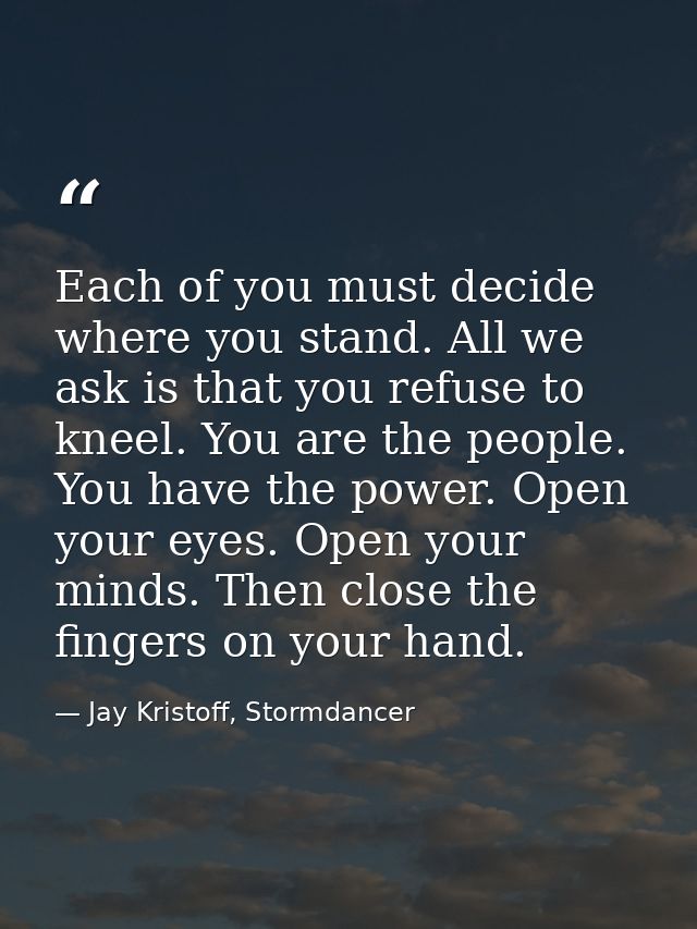 Each of you must decide where you stand. All we ask is that you refuse to kneel. You are the people. You have the power. — Jay Kristoff, Stormdancer