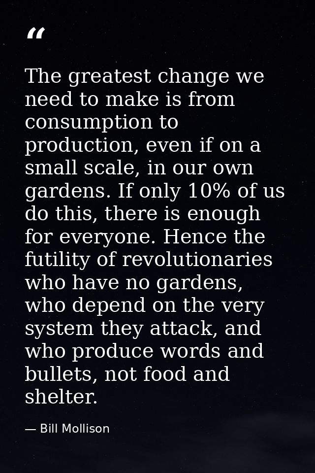 The greatest change we need to make is from consumption to production, even if on a small scale, in our own gardens. If  — Bill Mollison