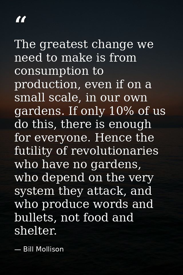 The greatest change we need to make is from consumption to production, even if on a small scale, in our own gardens. If  — Bill Mollison