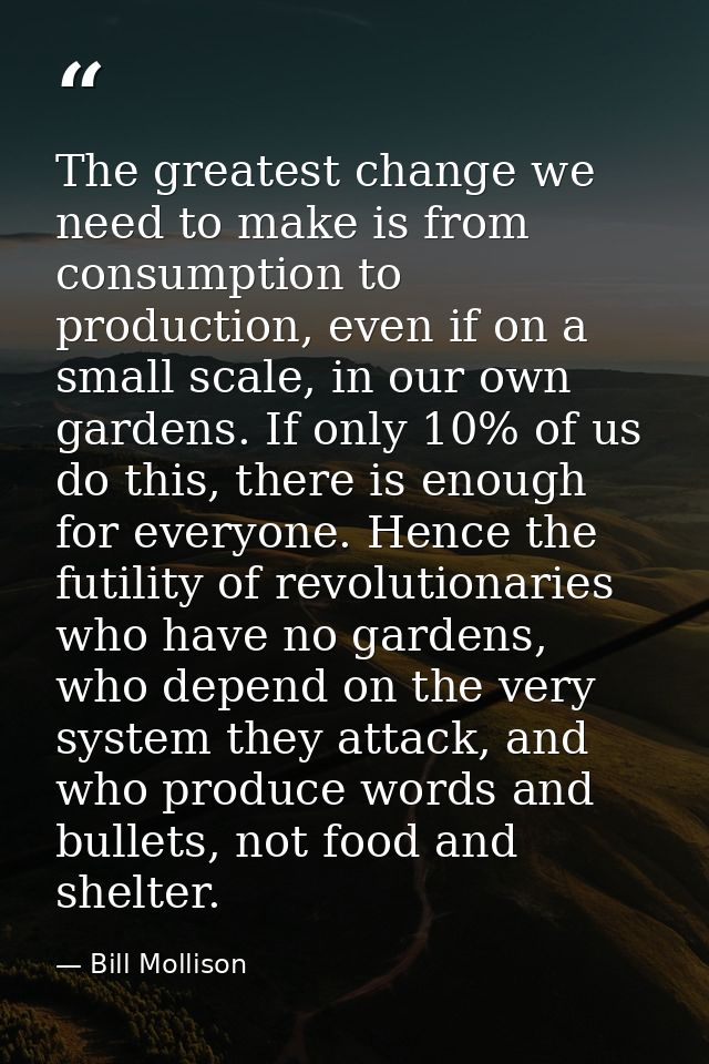 The greatest change we need to make is from consumption to production, even if on a small scale, in our own gardens. If  — Bill Mollison