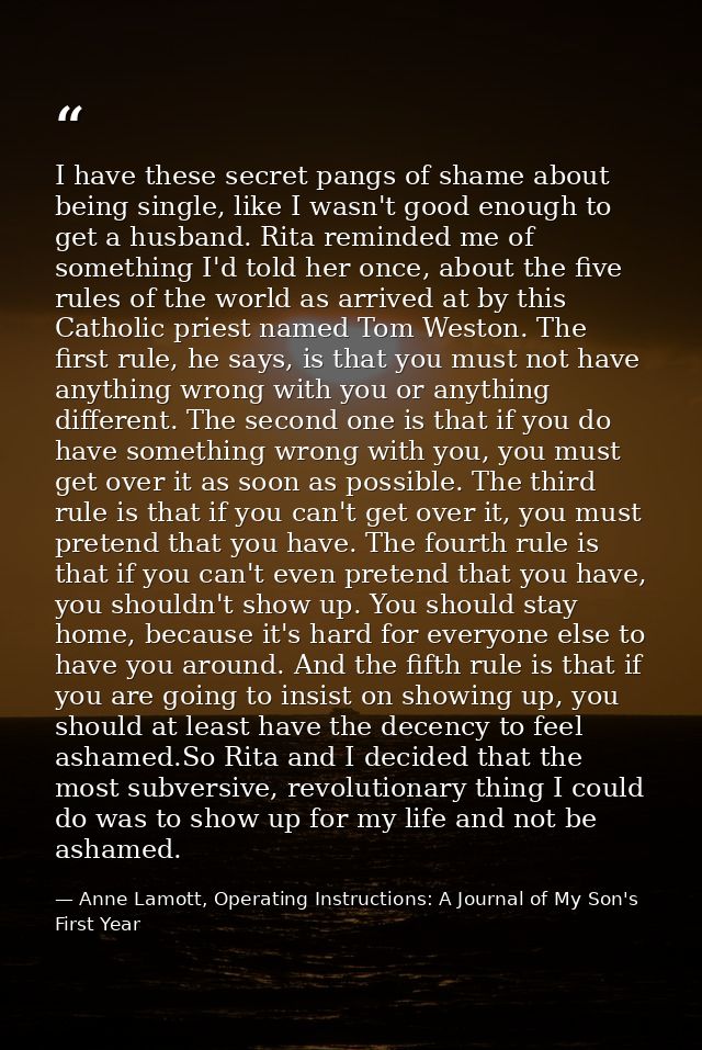 I have these secret pangs of shame about being single, like I wasn't good enough to get a husband. Rita reminded me of s — Anne Lamott, Operating Instructions: A Journal of My Son's First Year