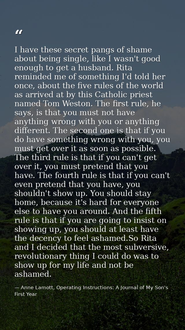 I have these secret pangs of shame about being single, like I wasn't good enough to get a husband. Rita reminded me of s — Anne Lamott, Operating Instructions: A Journal of My Son's First Year