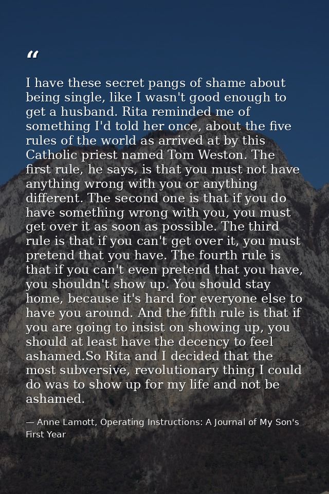 I have these secret pangs of shame about being single, like I wasn't good enough to get a husband. Rita reminded me of s — Anne Lamott, Operating Instructions: A Journal of My Son's First Year