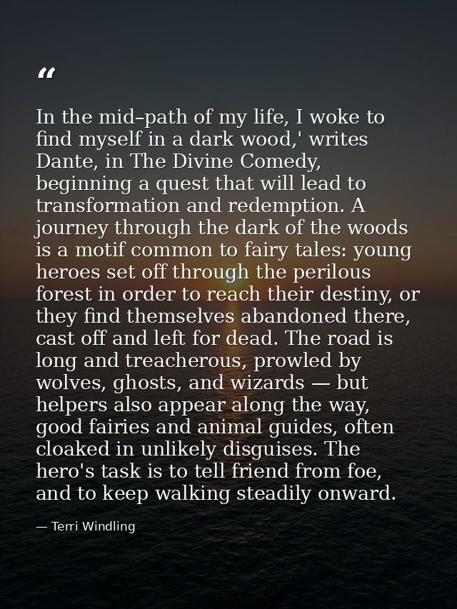 In the mid–path of my life, I woke to find myself in a dark wood,' writes Dante, in The Divine Comedy, beginning a quest — Terri Windling
