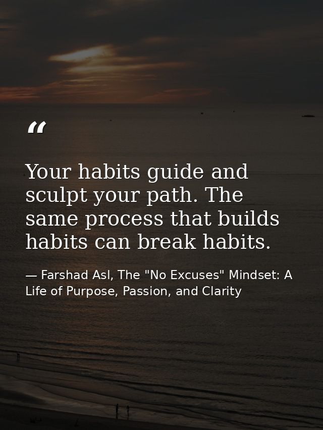 Your habits guide and sculpt your path. The same process that builds habits can break habits. — Farshad Asl, The "No Excuses" Mindset: A Life of Purpose, Passion, and Clarity