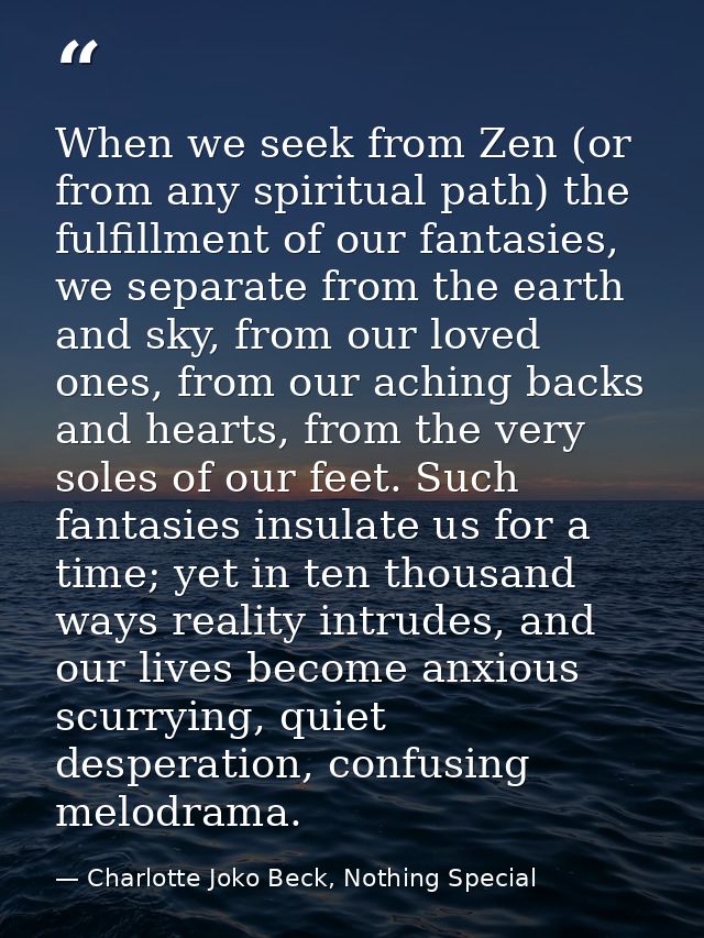 When we seek from Zen (or from any spiritual path) the fulfillment of our fantasies, we separate from the earth and sky, — Charlotte Joko Beck, Nothing Special