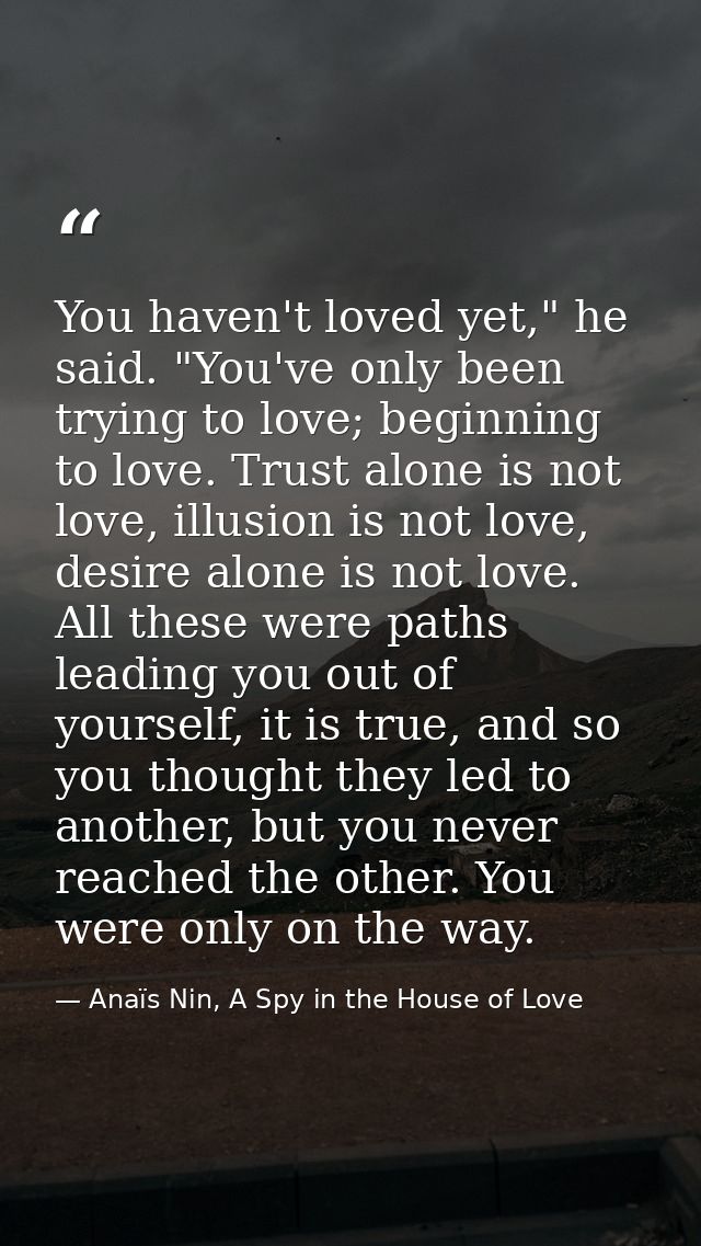 You haven't loved yet," he said. "You've only been trying to love; beginning to love. Trust alone is not love, illusion  — Anaïs Nin, A Spy in the House of Love