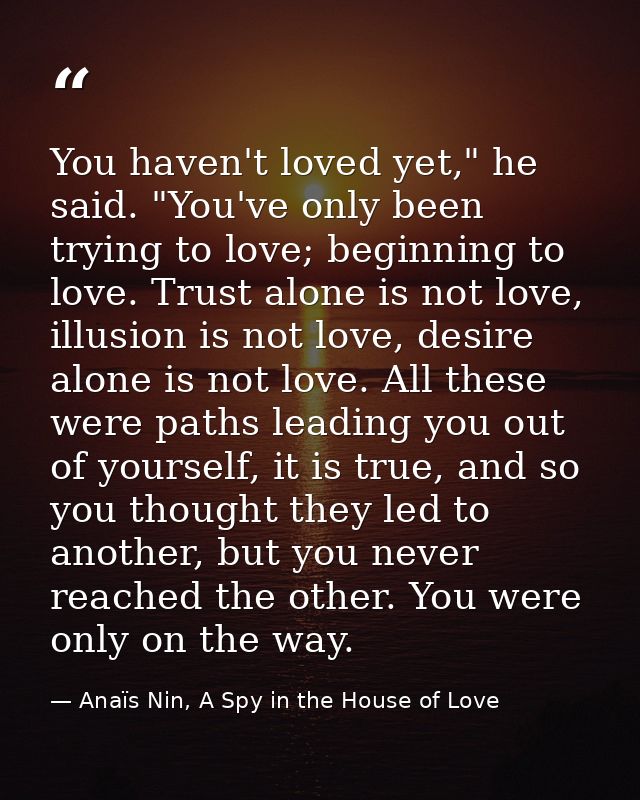 You haven't loved yet," he said. "You've only been trying to love; beginning to love. Trust alone is not love, illusion  — Anaïs Nin, A Spy in the House of Love