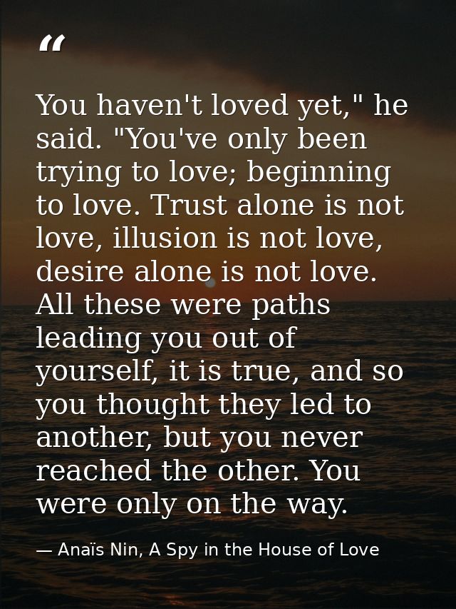 You haven't loved yet," he said. "You've only been trying to love; beginning to love. Trust alone is not love, illusion  — Anaïs Nin, A Spy in the House of Love