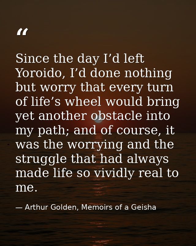 Since the day I’d left Yoroido, I’d done nothing but worry that every turn of life’s wheel would bring yet another obsta — Arthur Golden, Memoirs of a Geisha