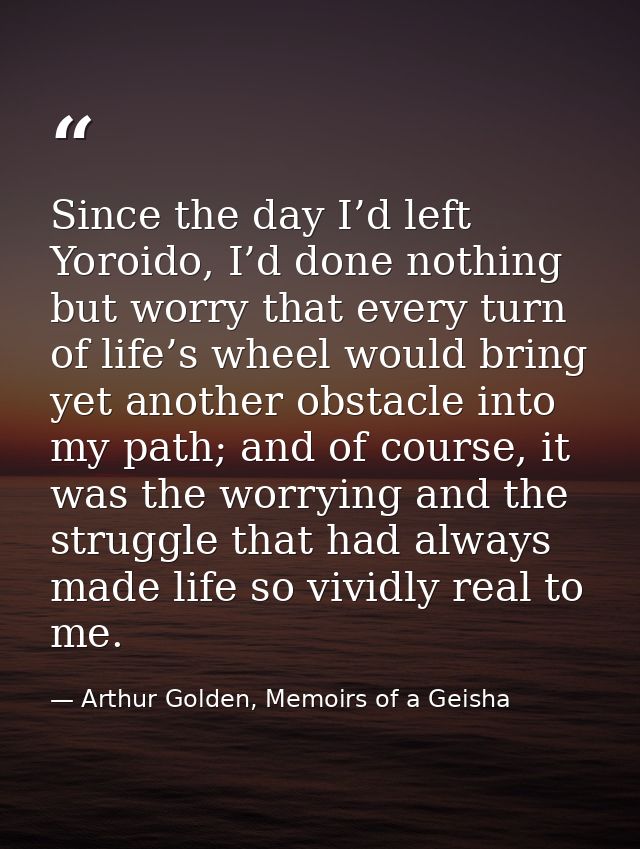Since the day I’d left Yoroido, I’d done nothing but worry that every turn of life’s wheel would bring yet another obsta — Arthur Golden, Memoirs of a Geisha