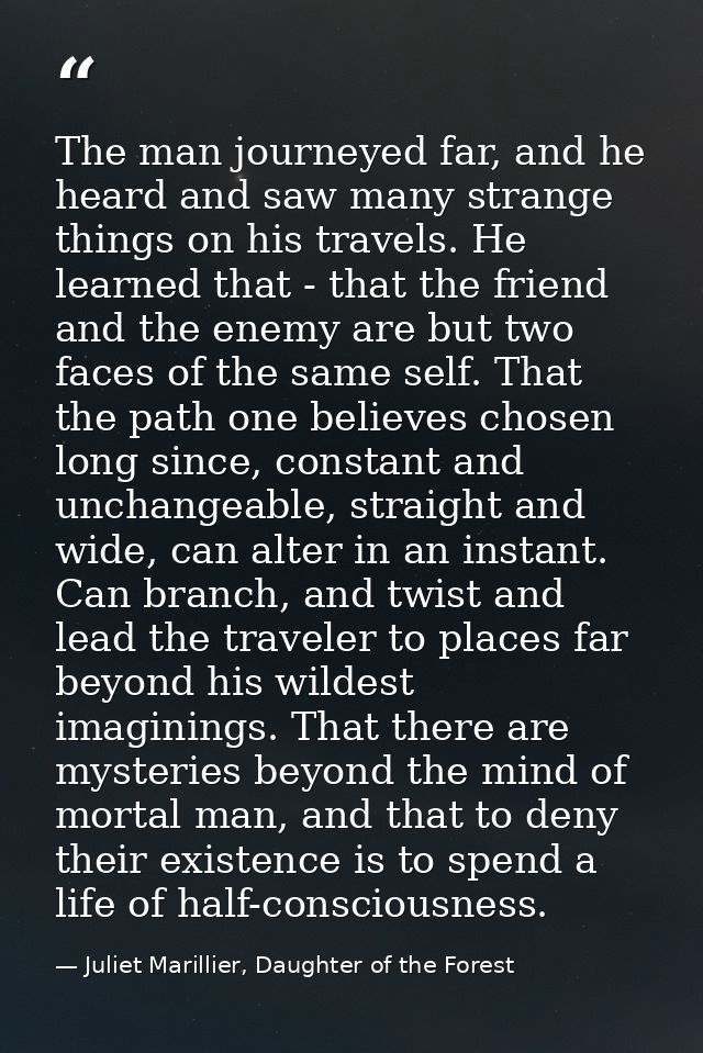The man journeyed far, and he heard and saw many strange things on his travels. He learned that - that the friend and th — Juliet Marillier, Daughter of the Forest