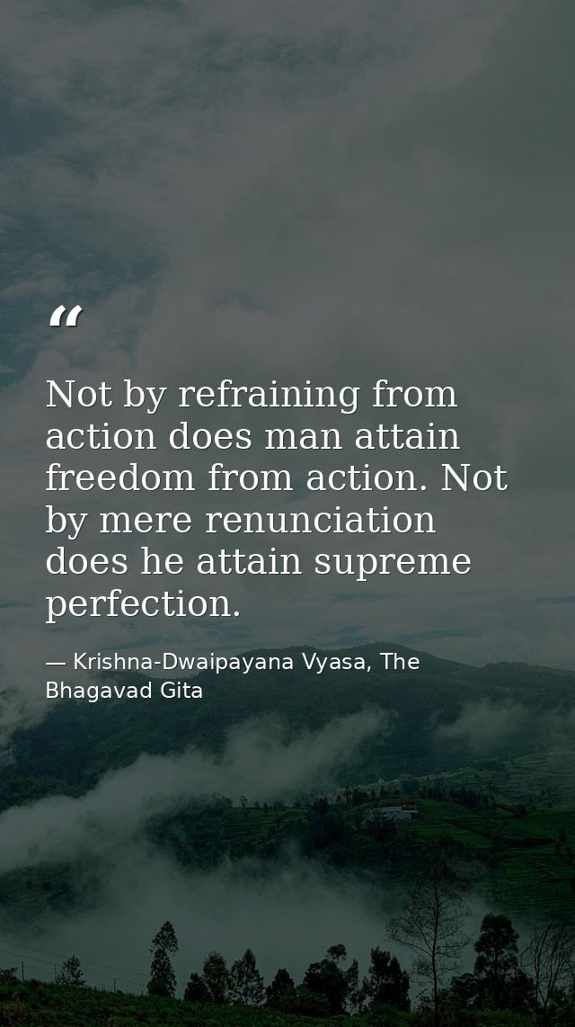 Not by refraining from action does man attain freedom from action. Not by mere renunciation does he attain supreme perfe — Krishna-Dwaipayana Vyasa, The Bhagavad Gita