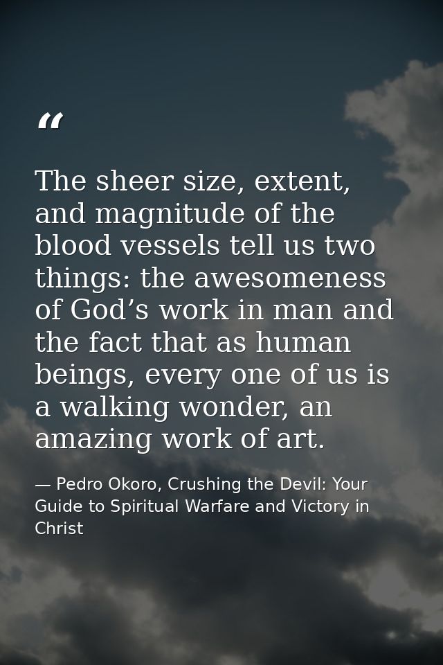 The sheer size, extent, and magnitude of the blood vessels tell us two things: the awesomeness of God’s work in man and  — Pedro Okoro, Crushing the Devil: Your Guide to Spiritual Warfare and Victory in Christ