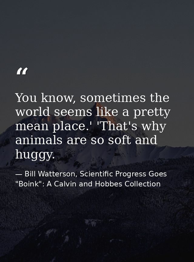 You know, sometimes the world seems like a pretty mean place.' 'That's why animals are so soft and huggy. — Bill Watterson, Scientific Progress Goes "Boink": A Calvin and Hobbes Collection