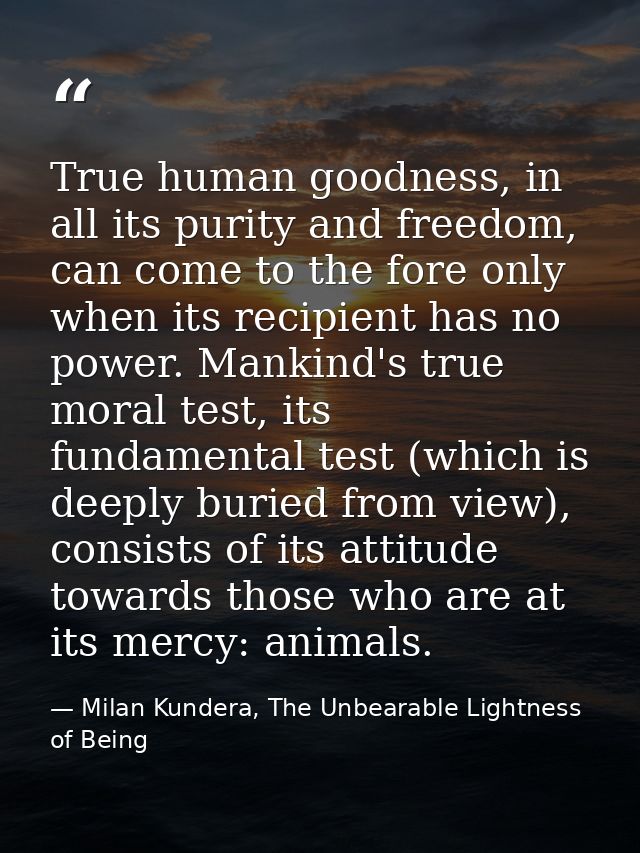 True human goodness, in all its purity and freedom, can come to the fore only when its recipient has no power. Mankind's — Milan Kundera, The Unbearable Lightness of Being