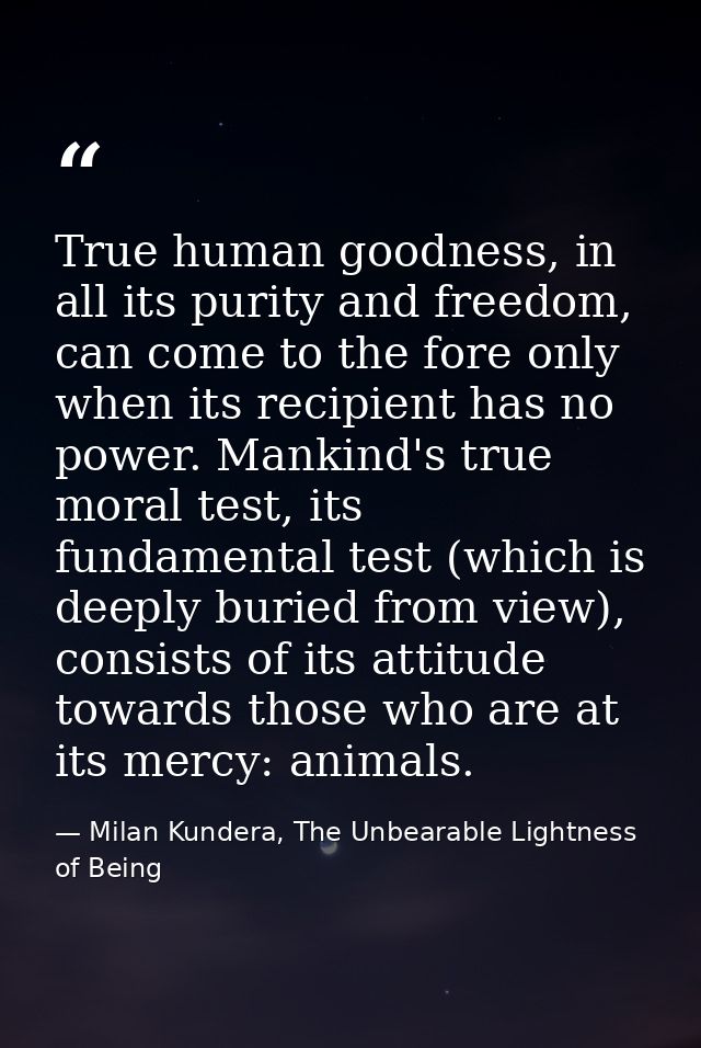 True human goodness, in all its purity and freedom, can come to the fore only when its recipient has no power. Mankind's — Milan Kundera, The Unbearable Lightness of Being