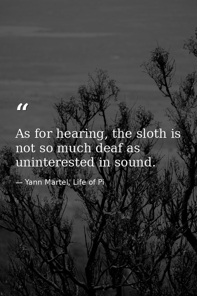 As for hearing, the sloth is not so much deaf as uninterested in sound. — Yann Martel, Life of Pi