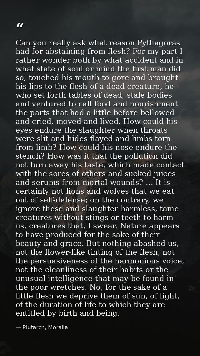 Can you really ask what reason Pythagoras had for abstaining from flesh? For my part I rather wonder both by what accide — Plutarch, Moralia
