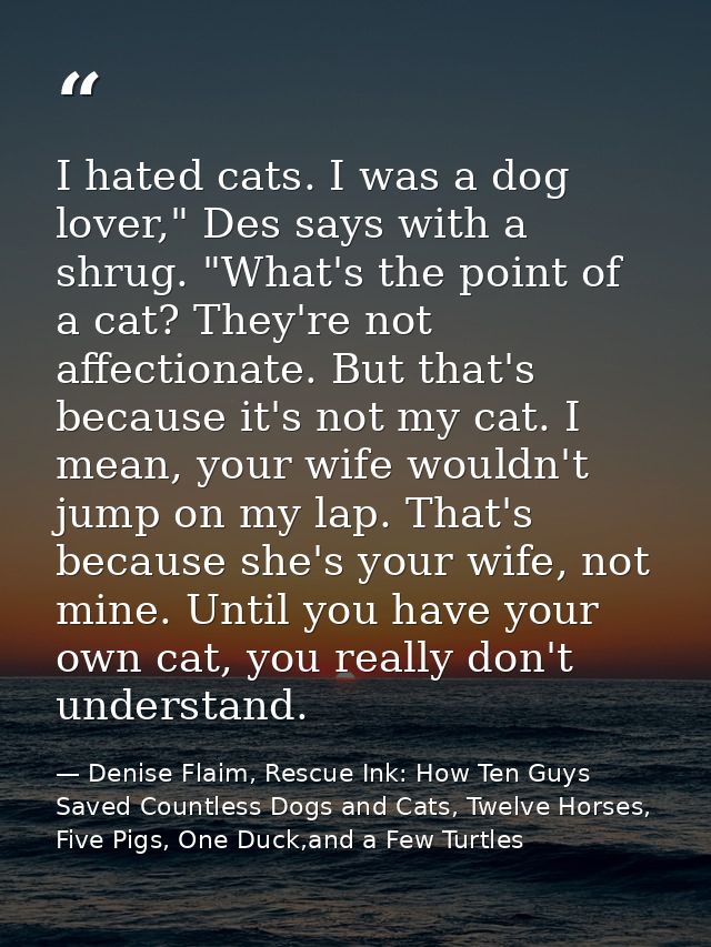 I hated cats. I was a dog lover," Des says with a shrug. "What's the point of a cat? They're not affectionate. But that' — Denise Flaim, Rescue Ink: How Ten Guys Saved Countless Dogs and Cats, Twelve Horses, Five Pigs, One Duck,and a Few Turtles