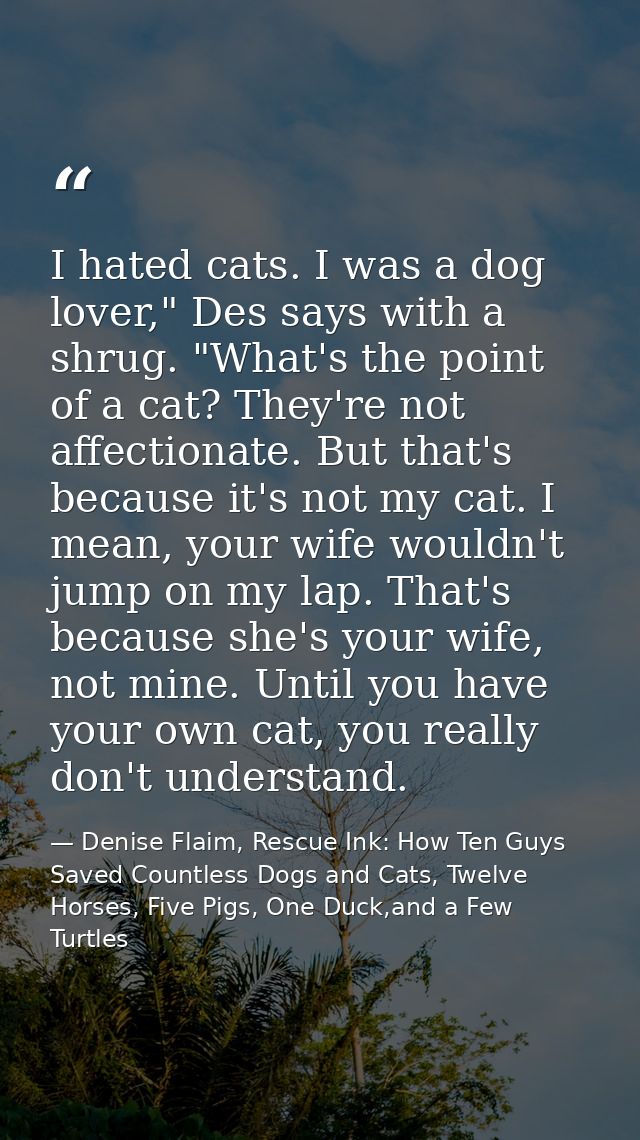 I hated cats. I was a dog lover," Des says with a shrug. "What's the point of a cat? They're not affectionate. But that' — Denise Flaim, Rescue Ink: How Ten Guys Saved Countless Dogs and Cats, Twelve Horses, Five Pigs, One Duck,and a Few Turtles
