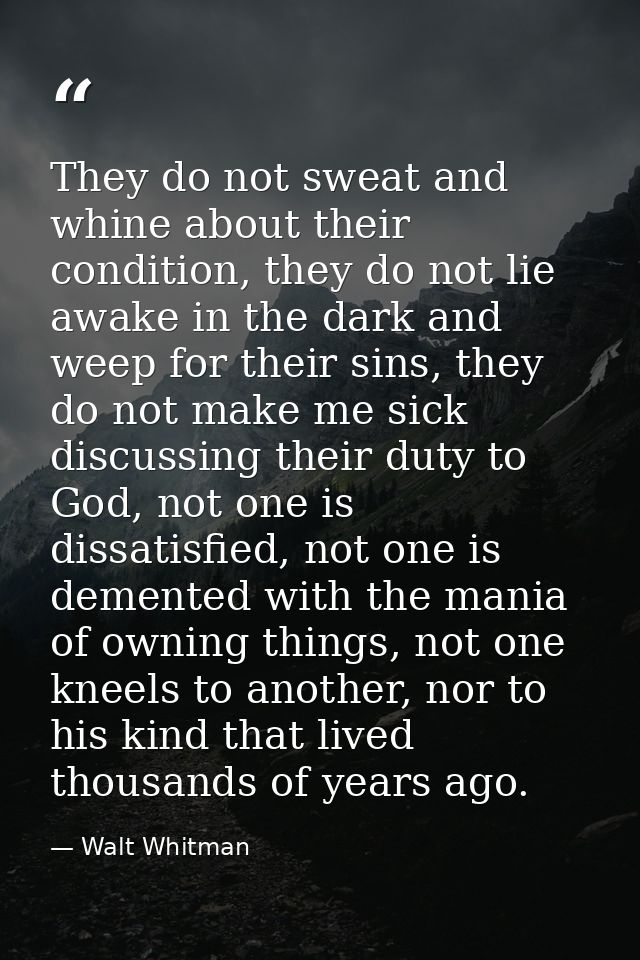 They do not sweat and whine about their condition, they do not lie awake in the dark and weep for their sins, they do no — Walt Whitman