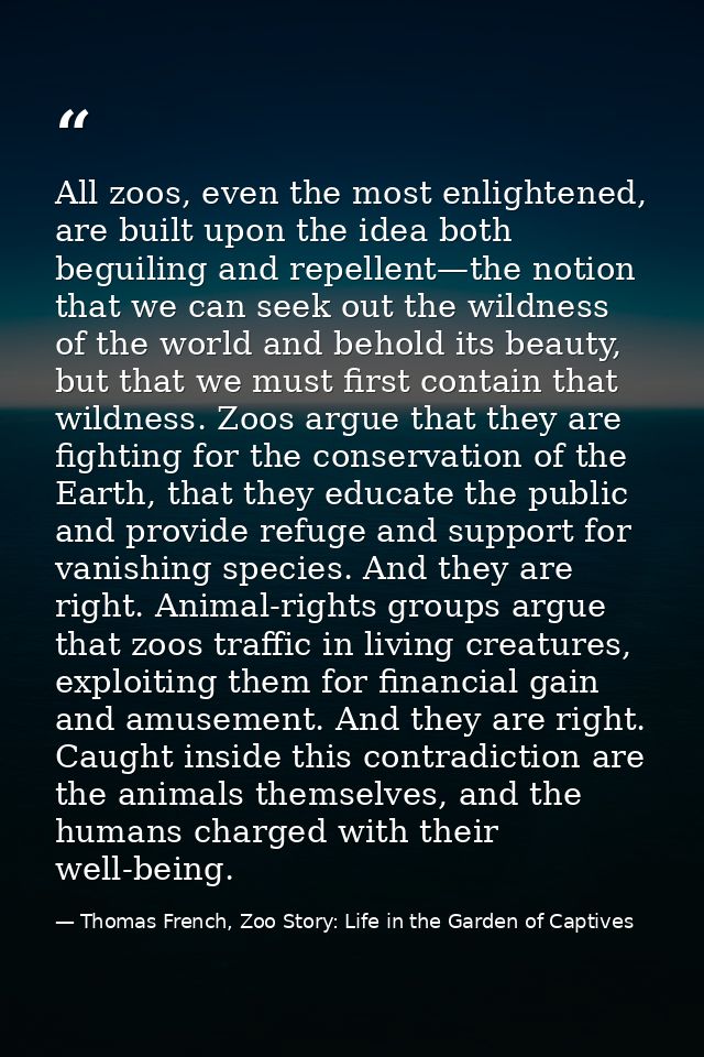 All zoos, even the most enlightened, are built upon the idea both beguiling and repellent—the notion that we can seek ou — Thomas French, Zoo Story: Life in the Garden of Captives