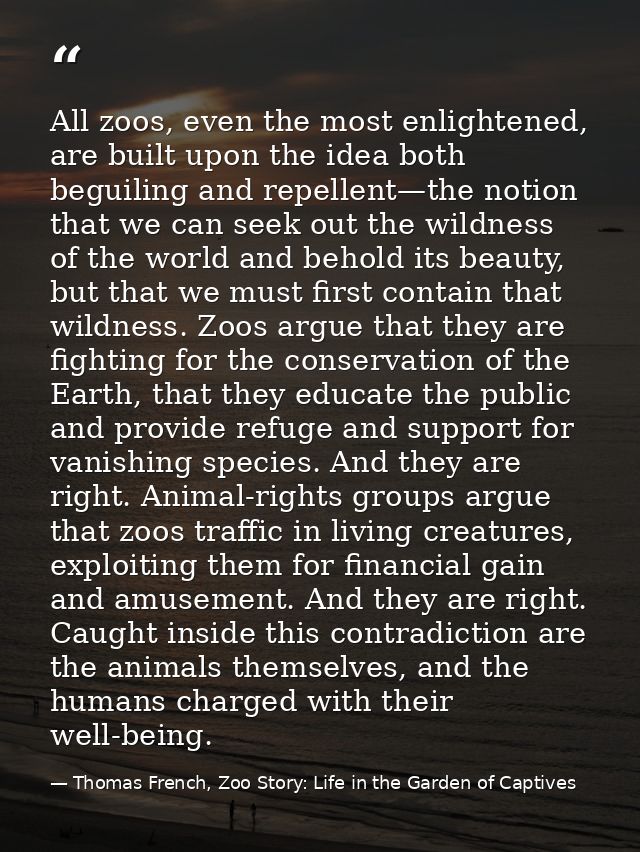 All zoos, even the most enlightened, are built upon the idea both beguiling and repellent—the notion that we can seek ou — Thomas French, Zoo Story: Life in the Garden of Captives