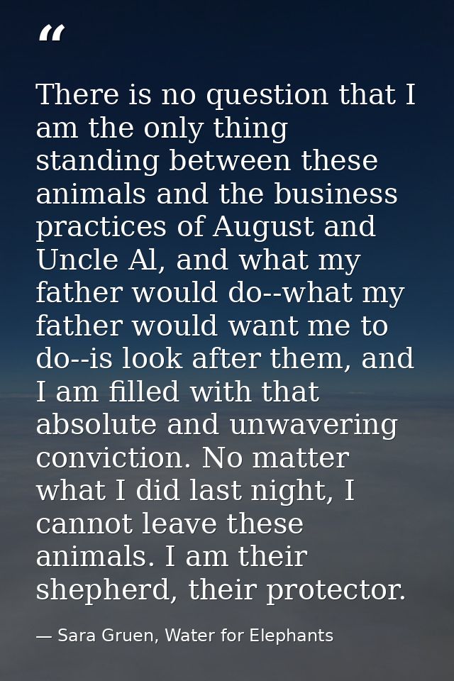 There is no question that I am the only thing standing between these animals and the business practices of August and Un — Sara Gruen, Water for Elephants