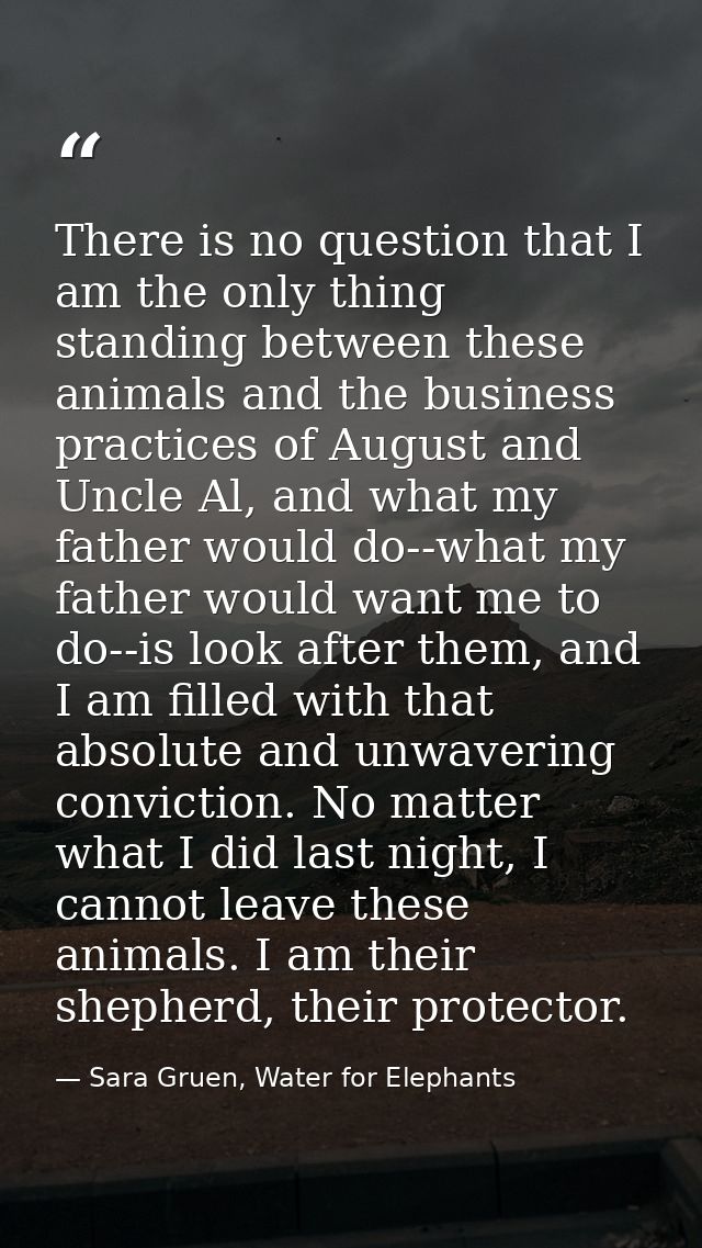 There is no question that I am the only thing standing between these animals and the business practices of August and Un — Sara Gruen, Water for Elephants