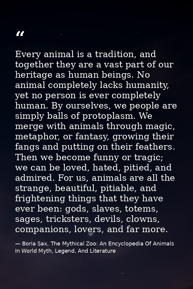 Every animal is a tradition, and together they are a vast part of our heritage as human beings. No animal completely lac — Boria Sax, The Mythical Zoo: An Encyclopedia Of Animals In World Myth, Legend, And Literature