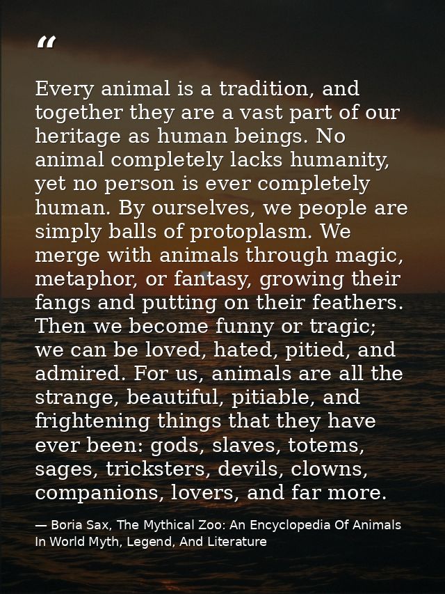 Every animal is a tradition, and together they are a vast part of our heritage as human beings. No animal completely lac — Boria Sax, The Mythical Zoo: An Encyclopedia Of Animals In World Myth, Legend, And Literature