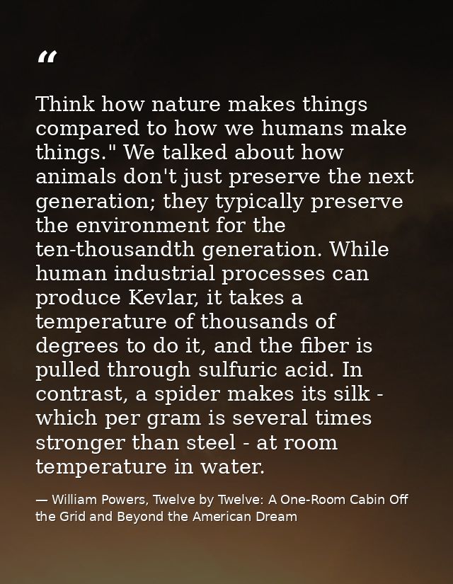 Think how nature makes things compared to how we humans make things." We talked about how animals don't just preserve th — William Powers, Twelve by Twelve: A One-Room Cabin Off the Grid and Beyond the American Dream