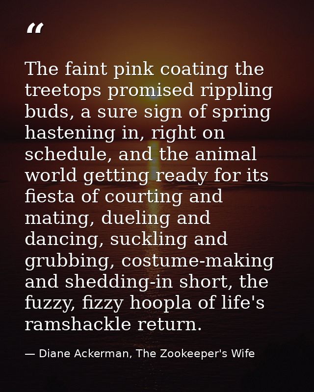 The faint pink coating the treetops promised rippling buds, a sure sign of spring hastening in, right on schedule, and t — Diane Ackerman, The Zookeeper's Wife