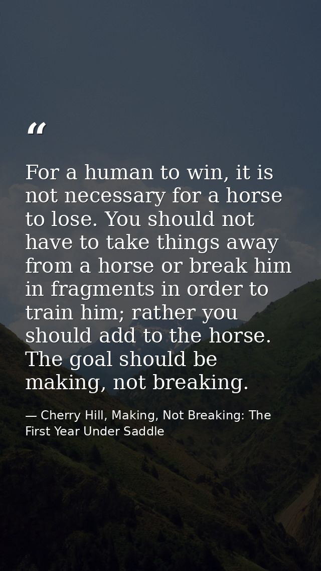 For a human to win, it is not necessary for a horse to lose. You should not have to take things away from a horse or bre — Cherry Hill, Making, Not Breaking: The First Year Under Saddle