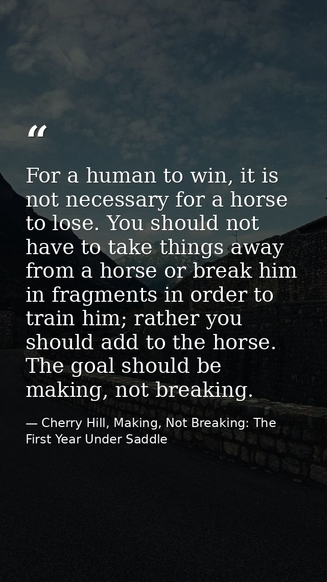 For a human to win, it is not necessary for a horse to lose. You should not have to take things away from a horse or bre — Cherry Hill, Making, Not Breaking: The First Year Under Saddle
