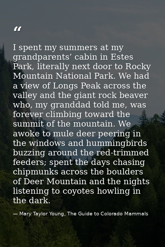I spent my summers at my grandparents’ cabin in Estes Park, literally next door to Rocky Mountain National Park. We had  — Mary Taylor Young, The Guide to Colorado Mammals