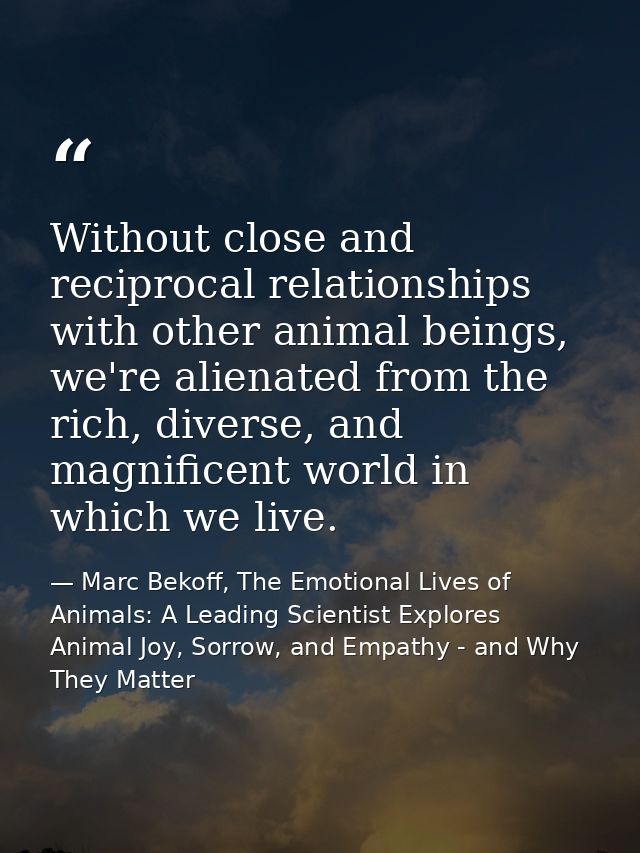 Without close and reciprocal relationships with other animal beings, we're alienated from the rich, diverse, and magnifi — Marc Bekoff, The Emotional Lives of Animals: A Leading Scientist Explores Animal Joy, Sorrow, and Empathy - and Why They Matter