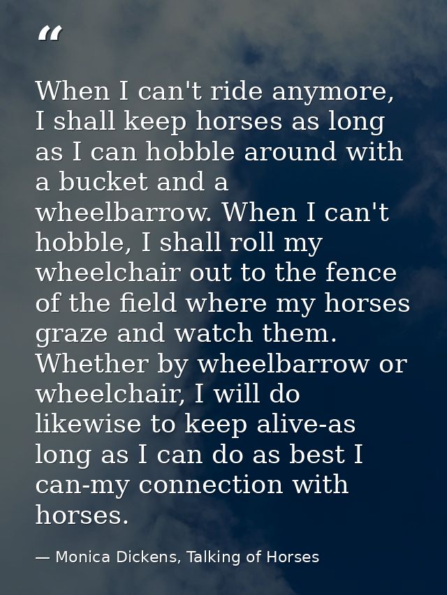 When I can't ride anymore, I shall keep horses as long as I can hobble around with a bucket and a wheelbarrow. When I ca — Monica Dickens, Talking of Horses