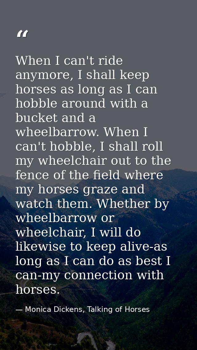 When I can't ride anymore, I shall keep horses as long as I can hobble around with a bucket and a wheelbarrow. When I ca — Monica Dickens, Talking of Horses