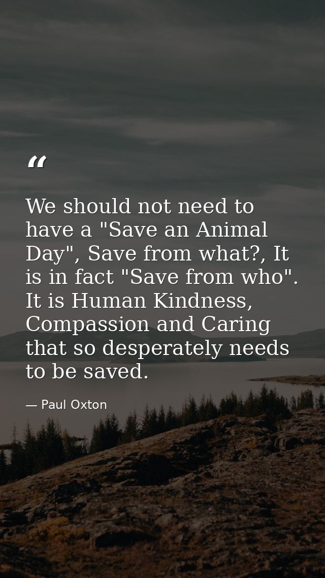 We should not need to have a "Save an Animal Day", Save from what?, It is in fact "Save from who". It is Human Kindness, — Paul Oxton