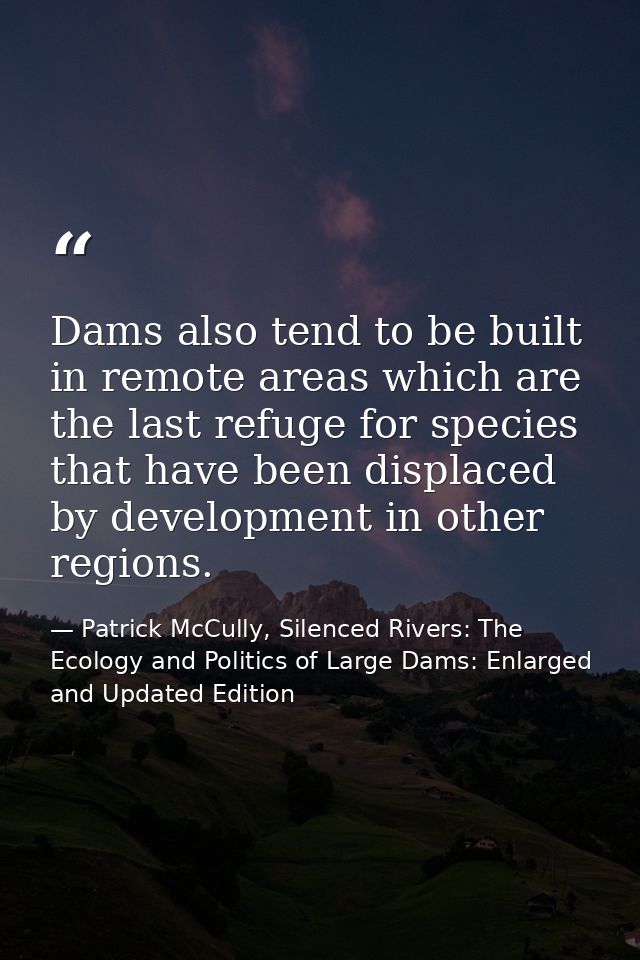 Dams also tend to be built in remote areas which are the last refuge for species that have been displaced by development — Patrick McCully, Silenced Rivers: The Ecology and Politics of Large Dams: Enlarged and Updated Edition