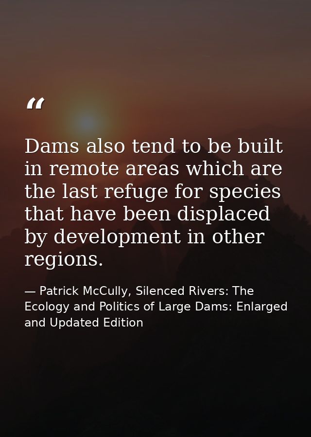 Dams also tend to be built in remote areas which are the last refuge for species that have been displaced by development — Patrick McCully, Silenced Rivers: The Ecology and Politics of Large Dams: Enlarged and Updated Edition