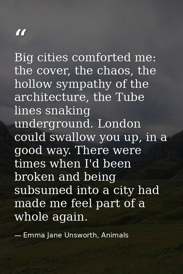 Big cities comforted me: the cover, the chaos, the hollow sympathy of the architecture, the Tube lines snaking undergrou — Emma Jane Unsworth, Animals