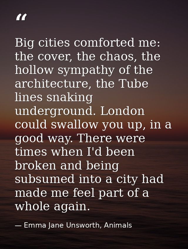 Big cities comforted me: the cover, the chaos, the hollow sympathy of the architecture, the Tube lines snaking undergrou — Emma Jane Unsworth, Animals