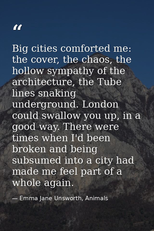 Big cities comforted me: the cover, the chaos, the hollow sympathy of the architecture, the Tube lines snaking undergrou — Emma Jane Unsworth, Animals