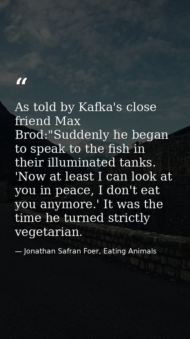 As told by Kafka's close friend Max Brod:"Suddenly he began to speak to the fish in their illuminated tanks. 'Now at lea — Jonathan Safran Foer, Eating Animals
